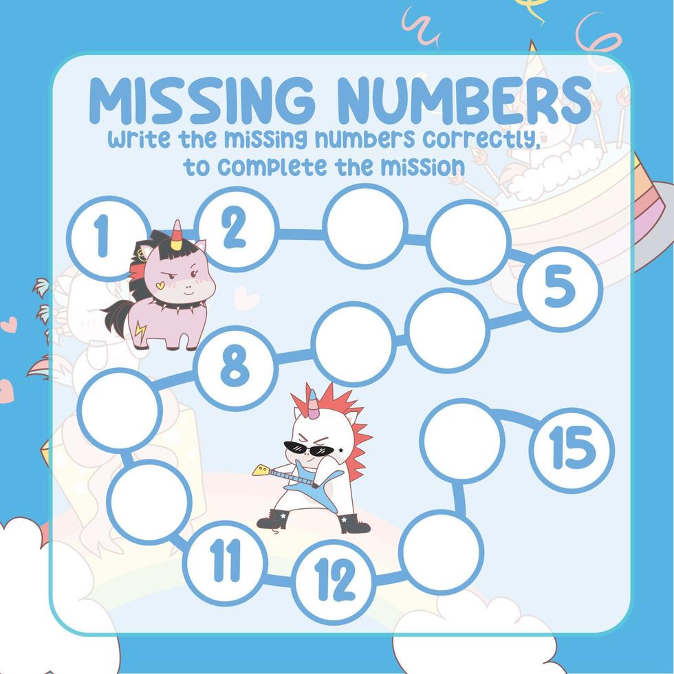 Missing numbers with Unicorn. Write the answer correctly. Educational printable math worksheet. Counting practice. Vector file.