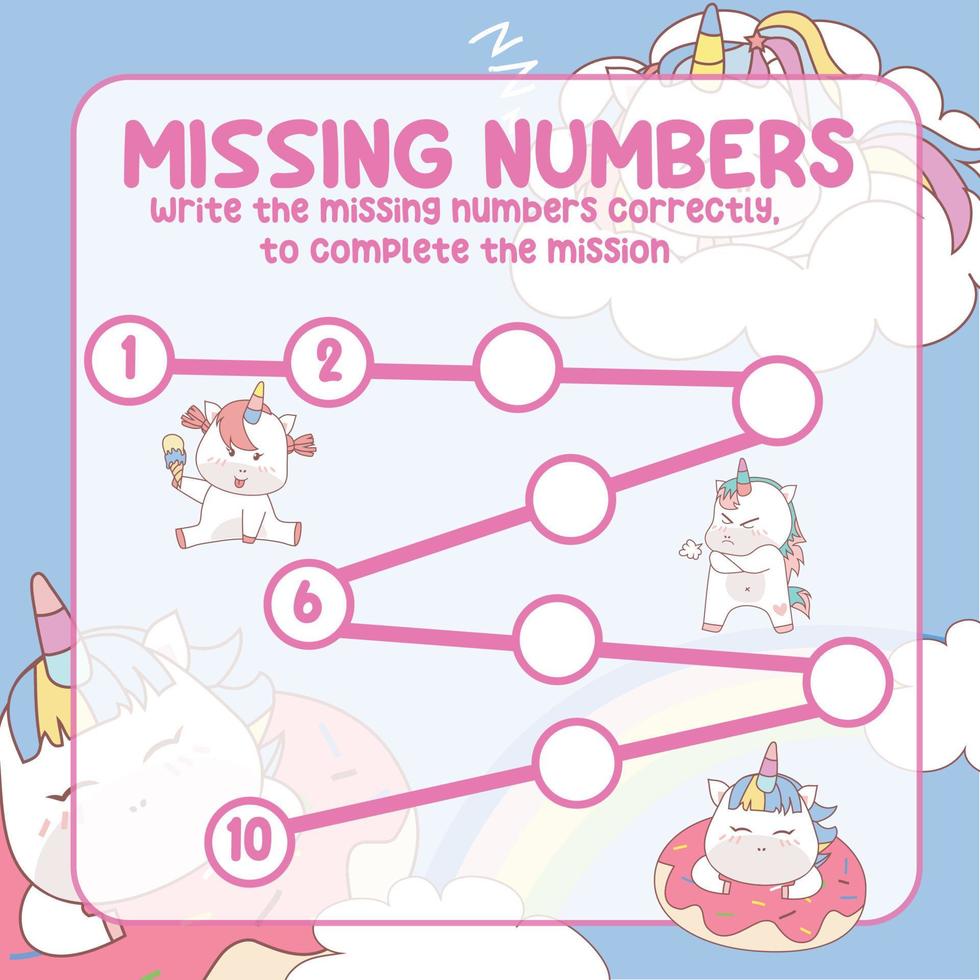 Missing numbers with Unicorn. Write the answer correctly. Educational printable math worksheet. Counting practice. Vector file.