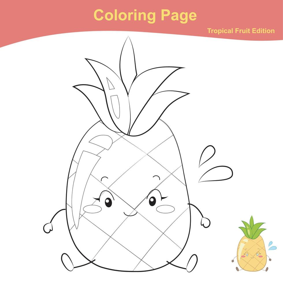 Fruit coloring worksheet page. Coloring cute fruit worksheet page. Educational printable colouring worksheet. Vector illustration in cartoon style.