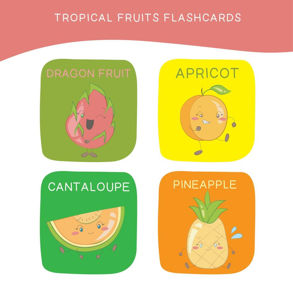 Tropical fruits Flashcards for Children. Cute fruit flashcards for children. Tropical fruit collections flashcards vector