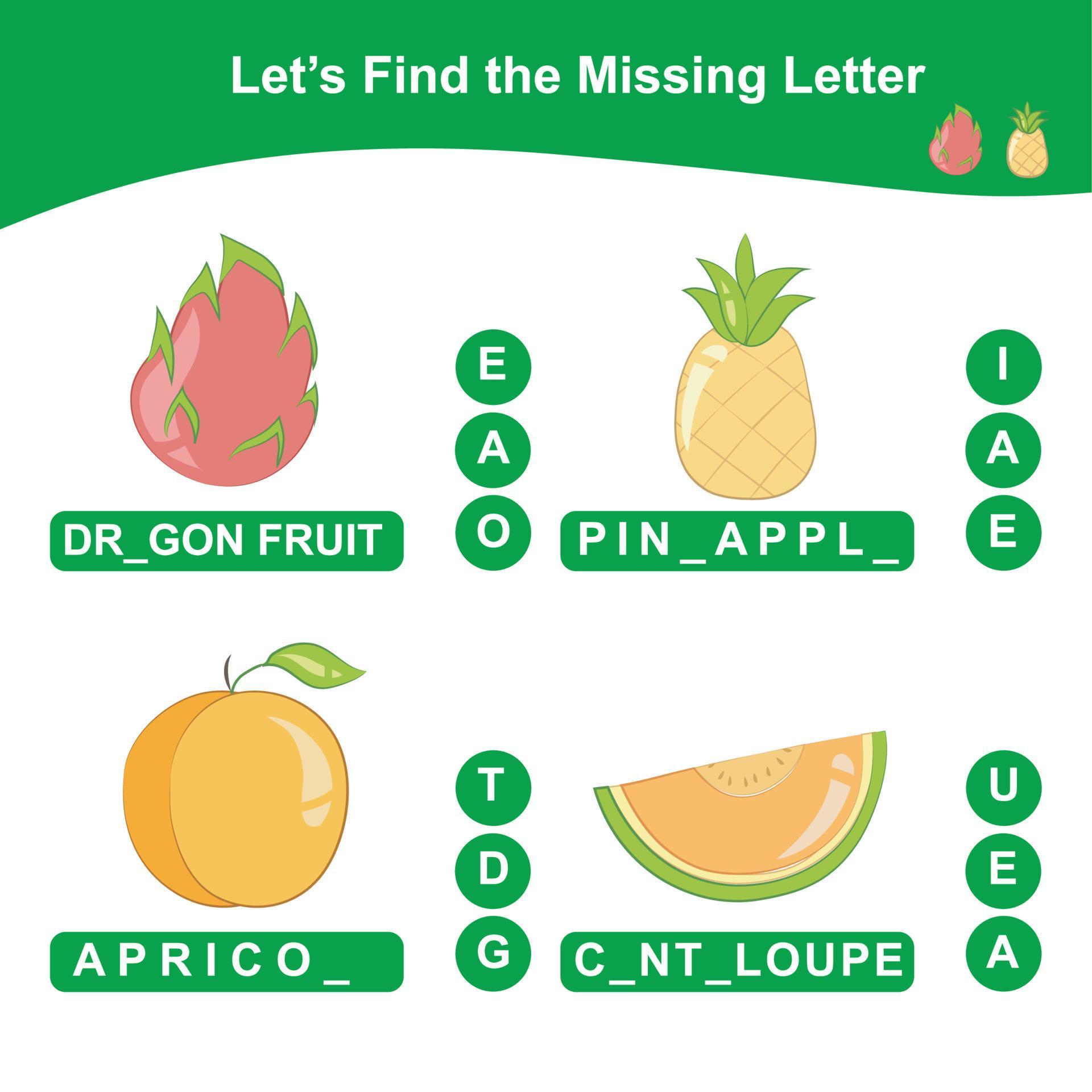 Find the missing letter of the tropical fruits game for Preschool