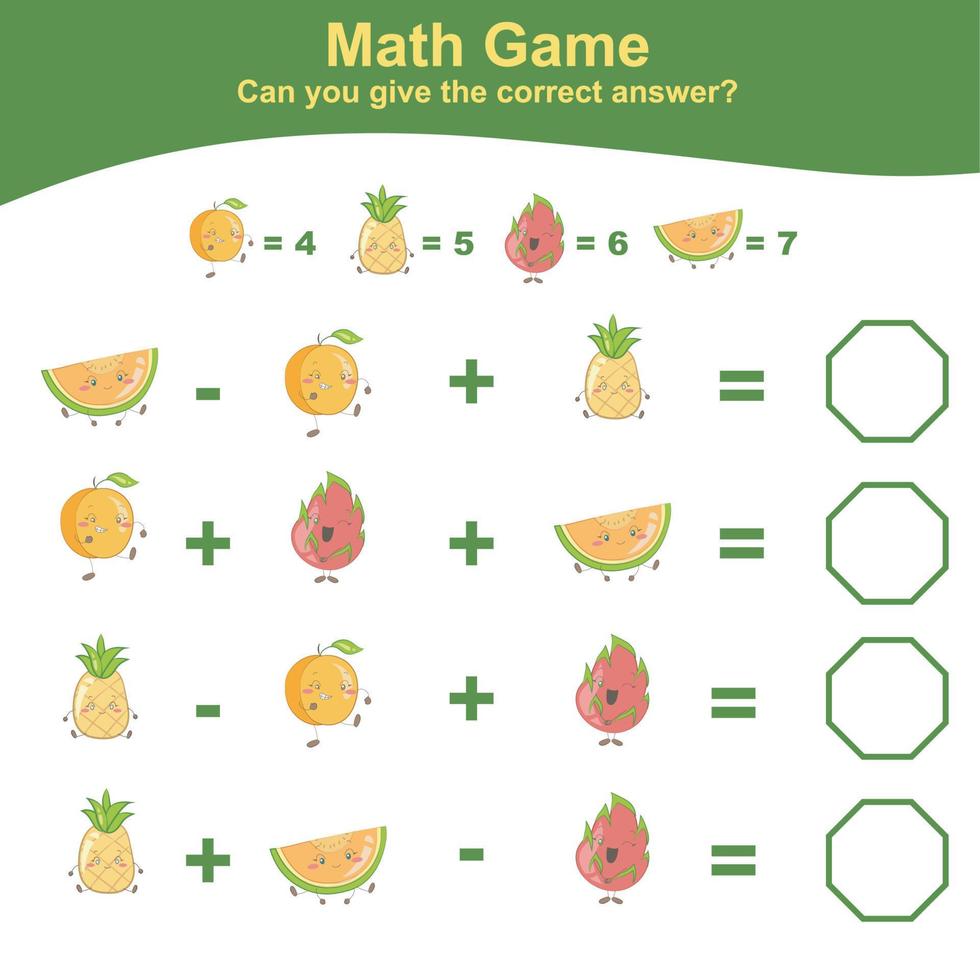 Fruit Counting Math Worksheet. Math Worksheet for Preschool. Educational printable math worksheet. Count and write answer activity for children. Vector illustration.