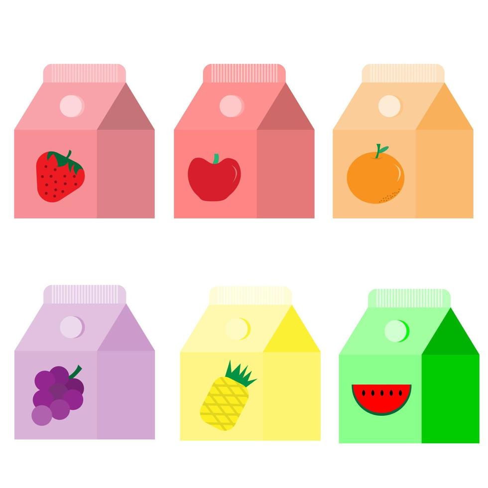 Illustrator vector of a set of fruit juice boxes  strawberry apple orange grape pineapple watermelon
