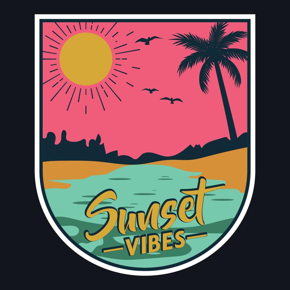 verano puesta de sol playa etiqueta vector ilustración retro vintage insignia etiqueta y diseño de camiseta