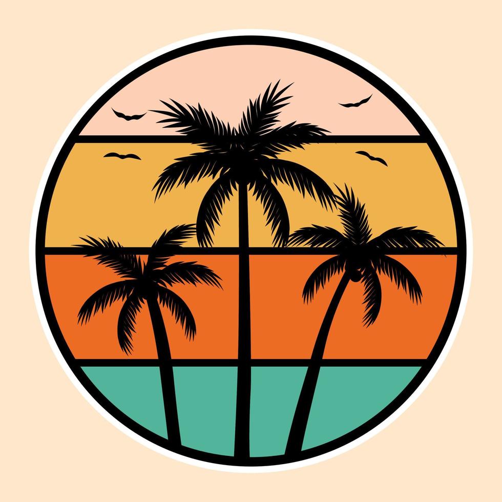 Summer Sunset Beach Label Vector Illustration Retro Vintage Badge Sticker And T-shirt Design