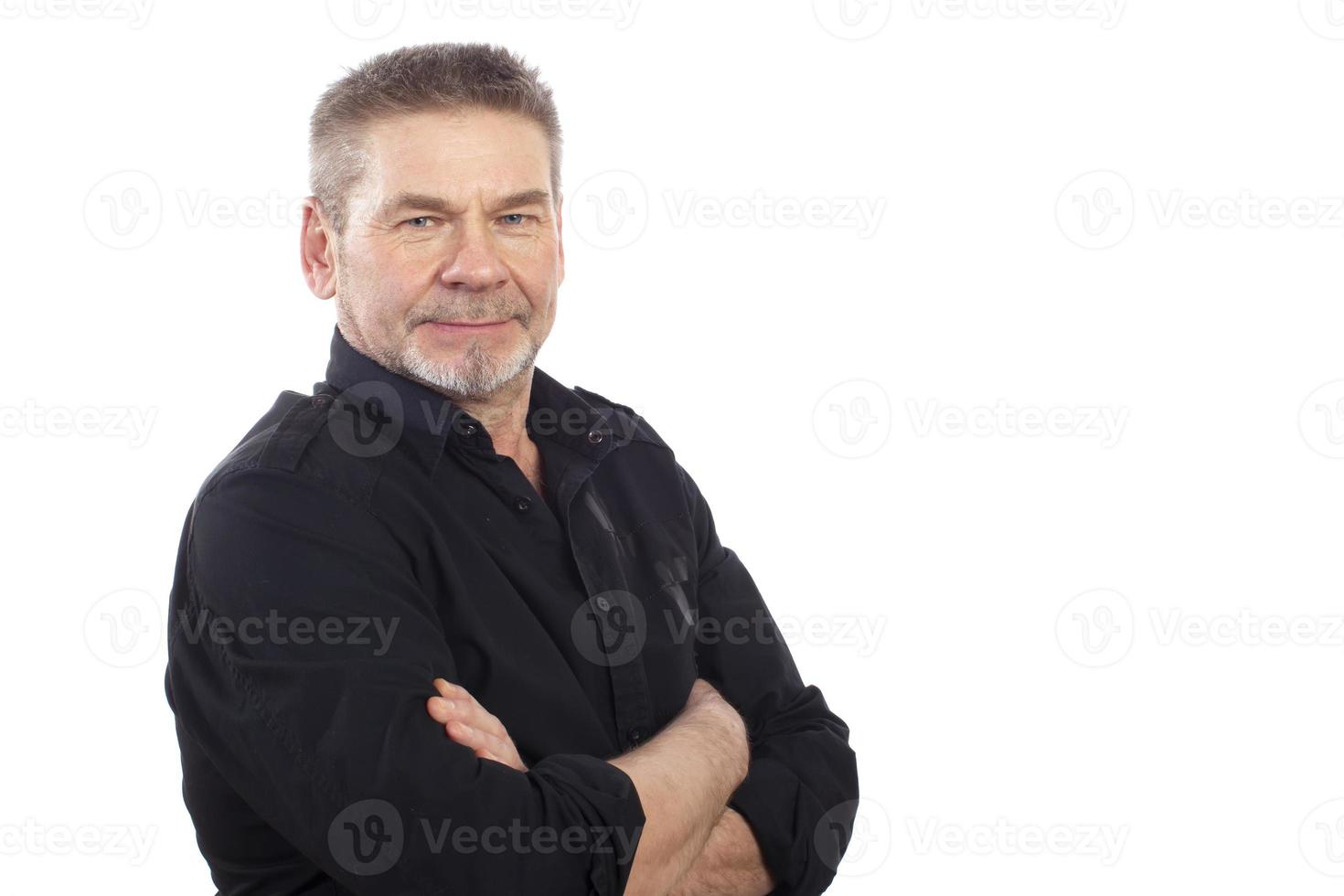 Portrait of healthy happy smile senior elderly caucasian old man face with arm crossed isolated on white. Golden age grand father healthcare cheerful lifestyle, freedom relax retirement concept photo