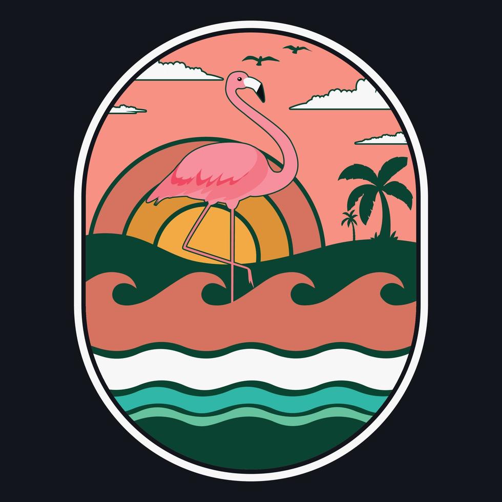 flamingo verano puesta de sol playa etiqueta vector ilustración retro vintage insignia etiqueta y diseño de camiseta