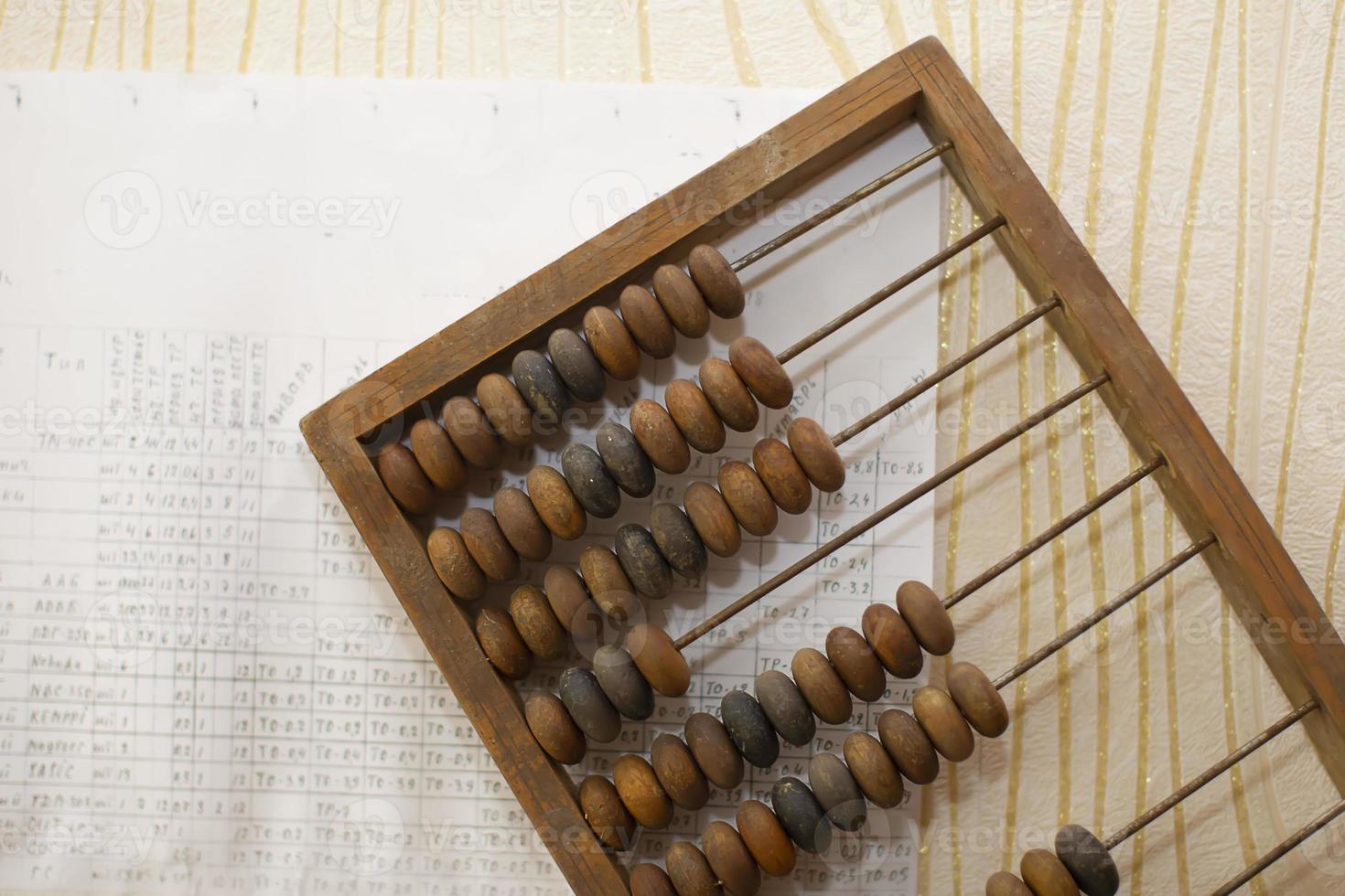 Old wooden abacus on the background of charts. photo