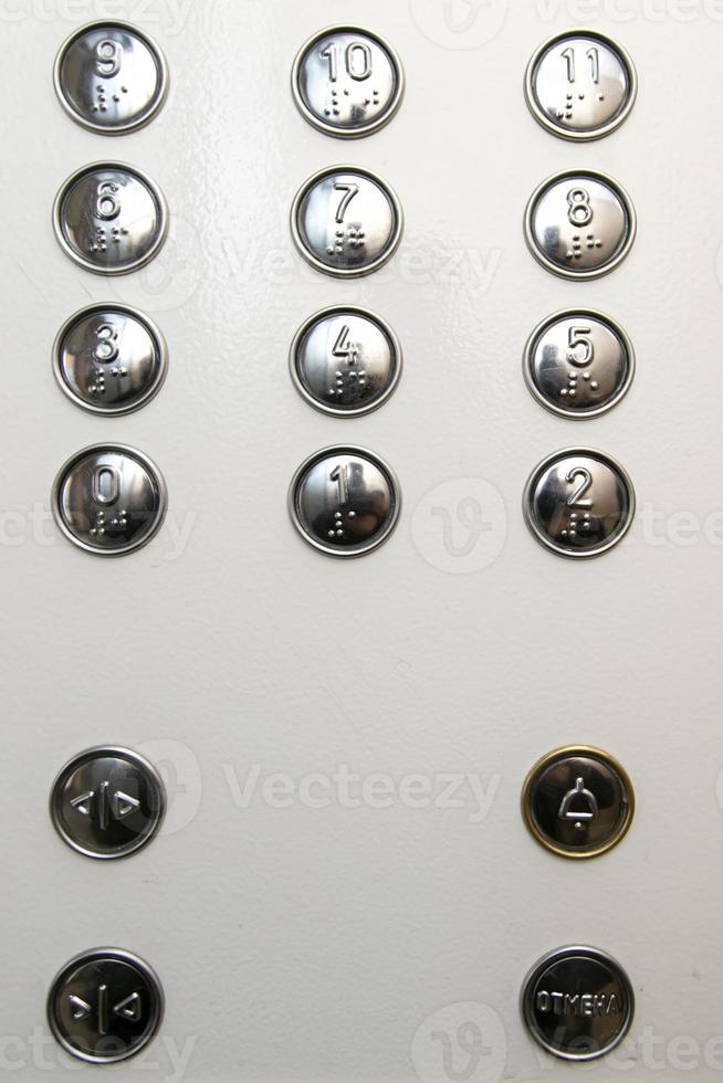Metal buttons with numbering on the elevator panel. photo