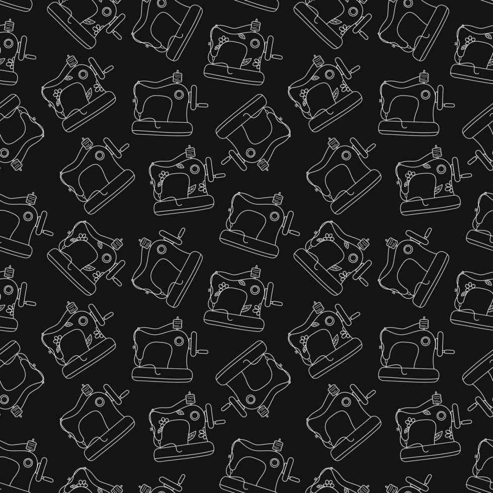 Sewing machines doodle seamless pattern. Vector background. Black and white colors. Repeat illustration. Outline sewing equipment