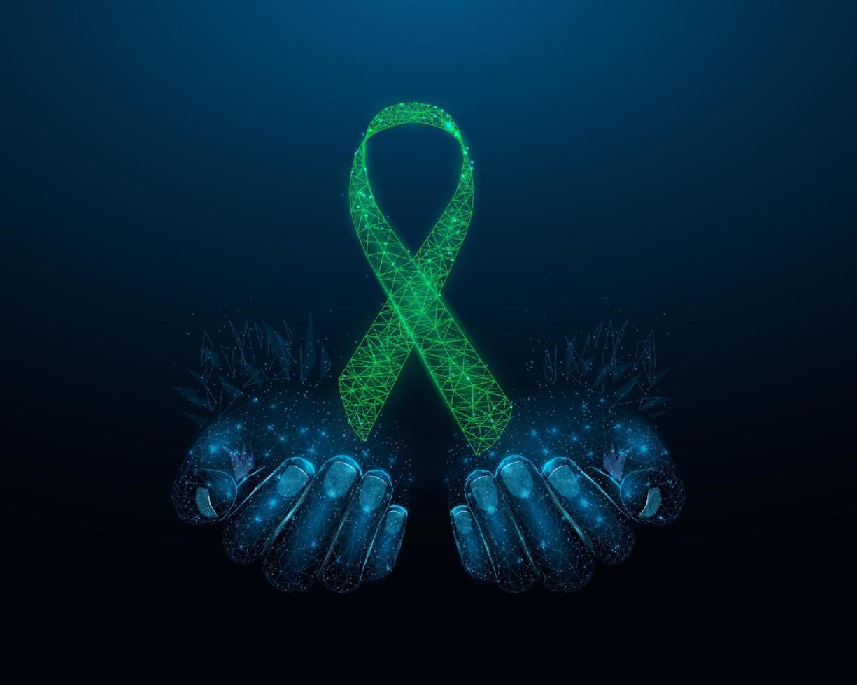 Two human hands are holds green ribbon awareness. Bipolar Disorder, Adrenal Cancer, Depression, Glaucoma, Mental Health awareness month concept. Abstract vector illustration.