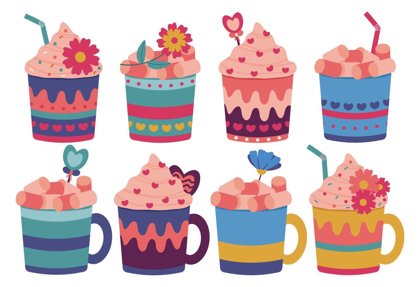 Big set of elements, mug, marshmallow, cream, hearts, sweet sprinkles, flowers. Suitable for Valentine's Day, invitations, declarations of love. Vector illustration.