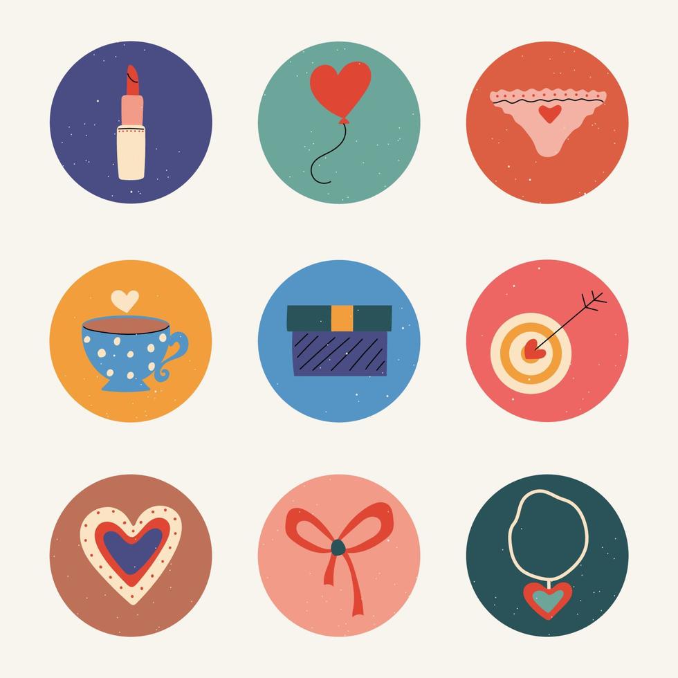 Set of colored icons for valentine's day. Lipstick, hearts, balloon, flowers, gift, pants, target with an arrow, bow. Round icons on a light background. vector