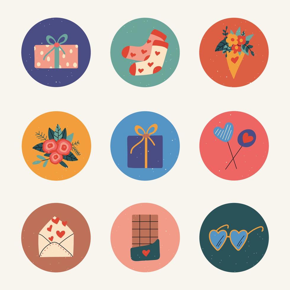 Set of colored icons for valentine's day. Hearts, socks, bouquet, flowers, candy, glasses, envelope, chocolate. Round icons on a light background. vector