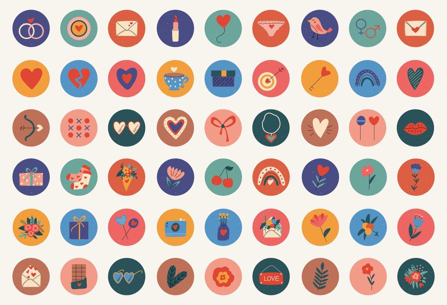 Set of colored icons for valentine's day. Flowers, hearts, envelopes, lips, gifts, candy, chocolate. Round icons on a white background. vector