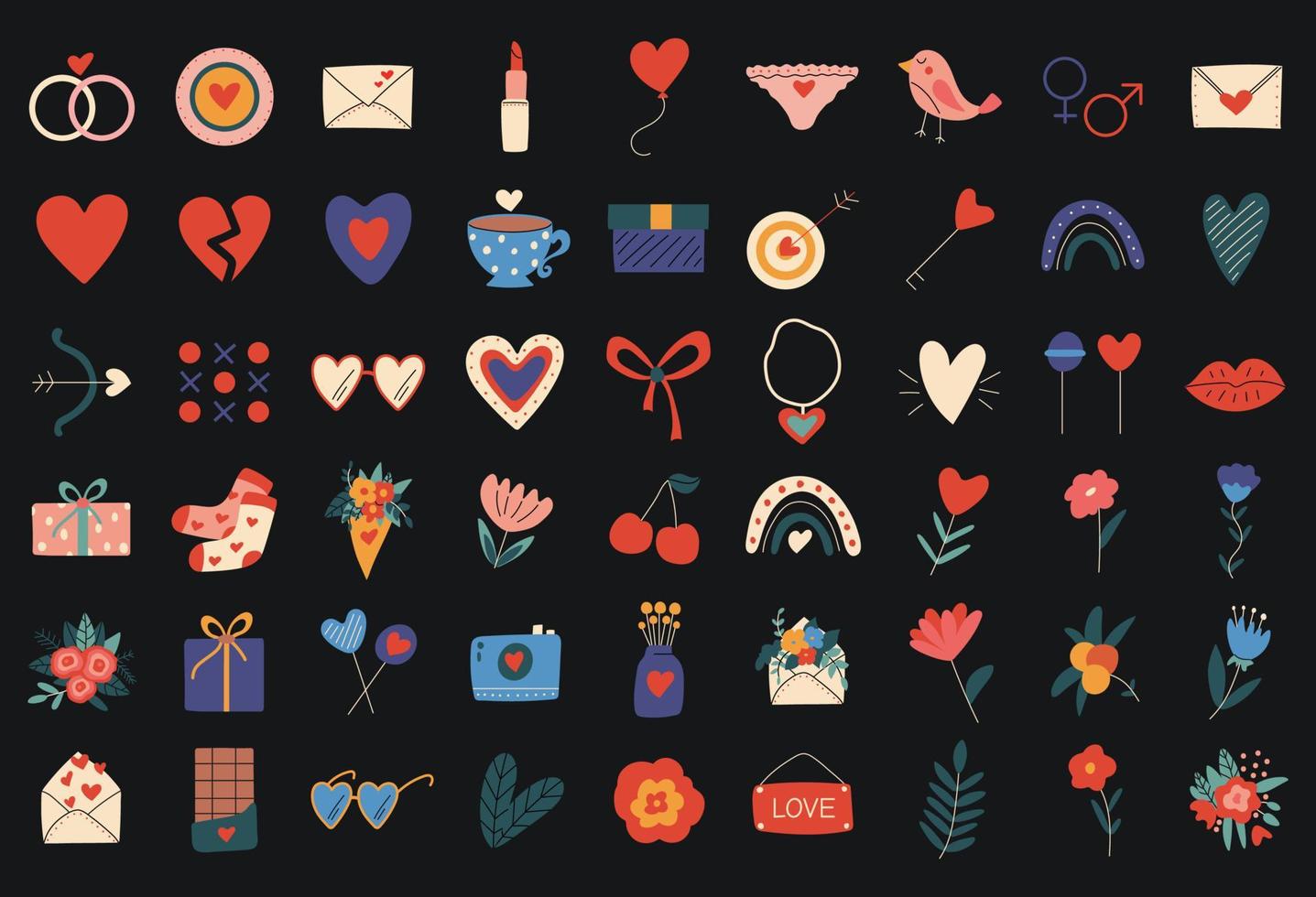 Set of colored icons for valentine's day. Flowers, hearts, envelopes, lips, gifts, candy, chocolate. Round icons on a black background. vector
