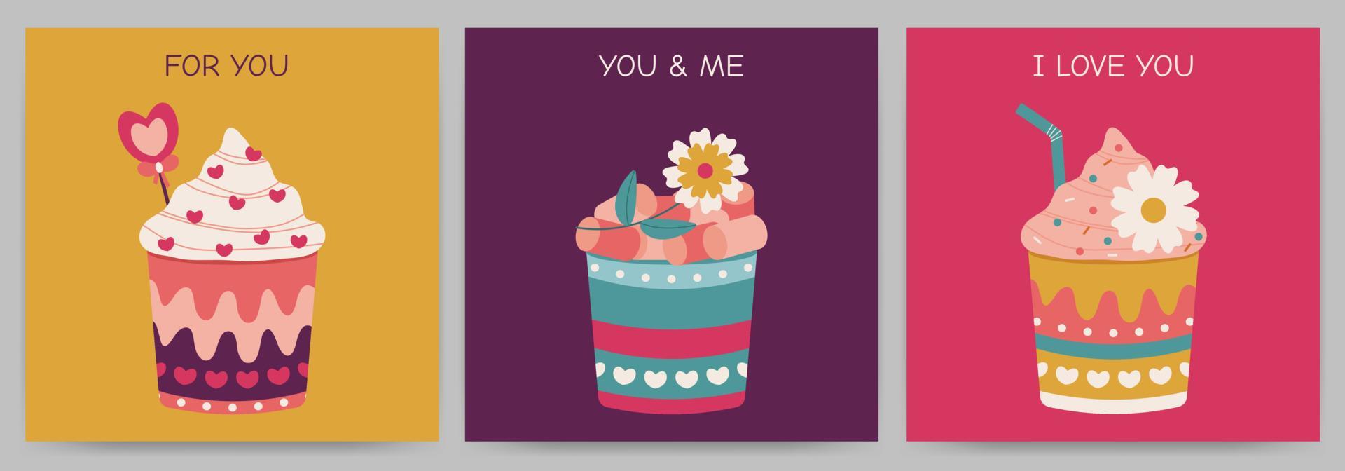 Set Of Postcards Happy Valentine s Day Invitations Declarations Of Love With Circles Flowers