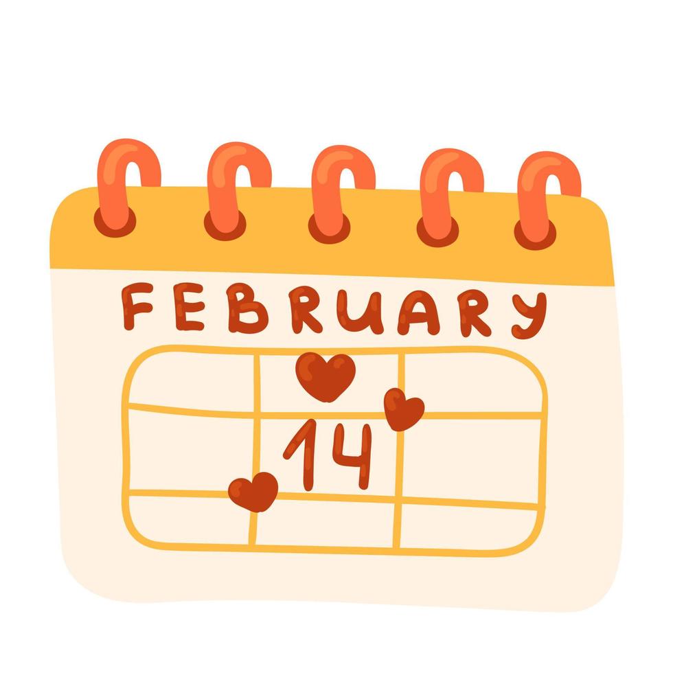 Valentines day monthly calendar with heart shape on 14th February isolated on white vector illustration.