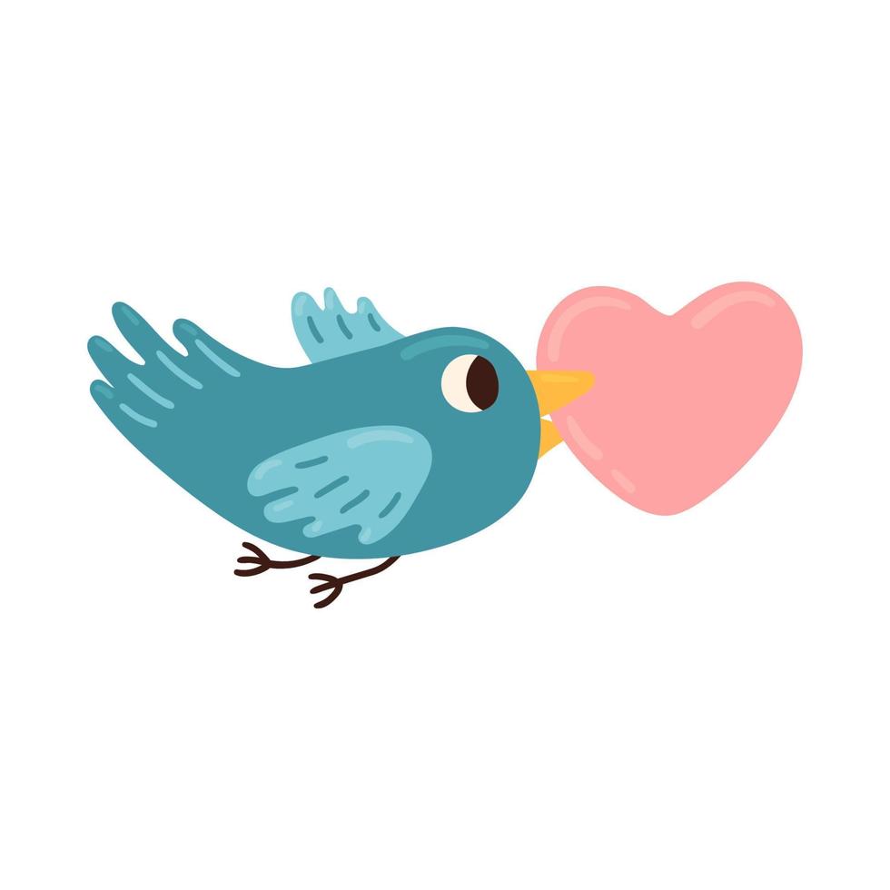 Bird Holding Heart in Its Beak. Valentine Day Celebration. Love Message Vector Illustration isolated on white