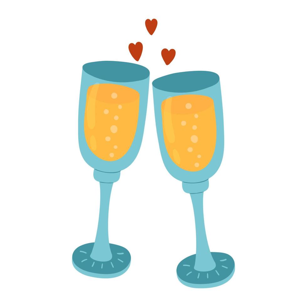 dos copas tintineantes de vino o champán y corazones aislados en blanco. aplausos de celebración y brindis. elemento de diseño de amor y día de san valentín para tarjetas, invitaciones, decoraciones vector