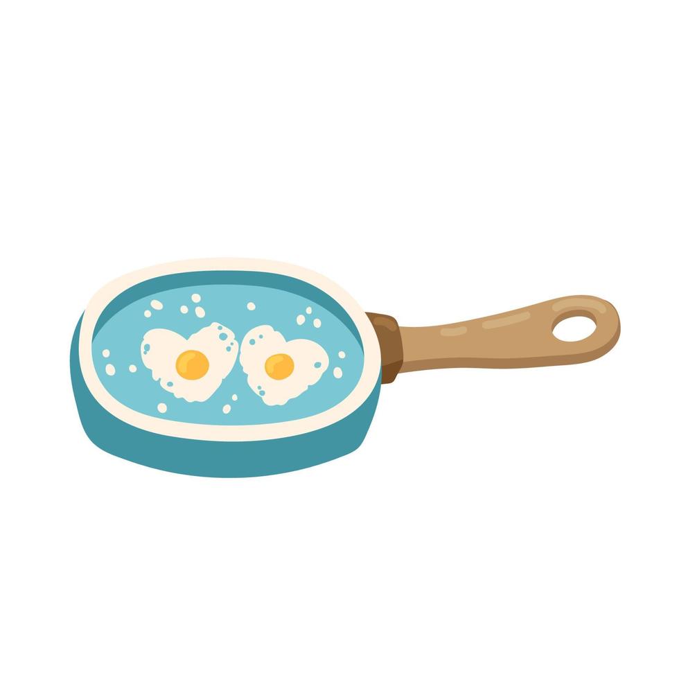 heart-shaped scrambled eggs in a frying pan. Fried egg in the shape of a heart Valentine Day lovers breakfast. vector