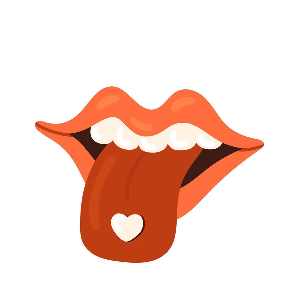 Pink open lips, teeth and tongue in mouth. Love kiss Valentines Day element. Vector illustration