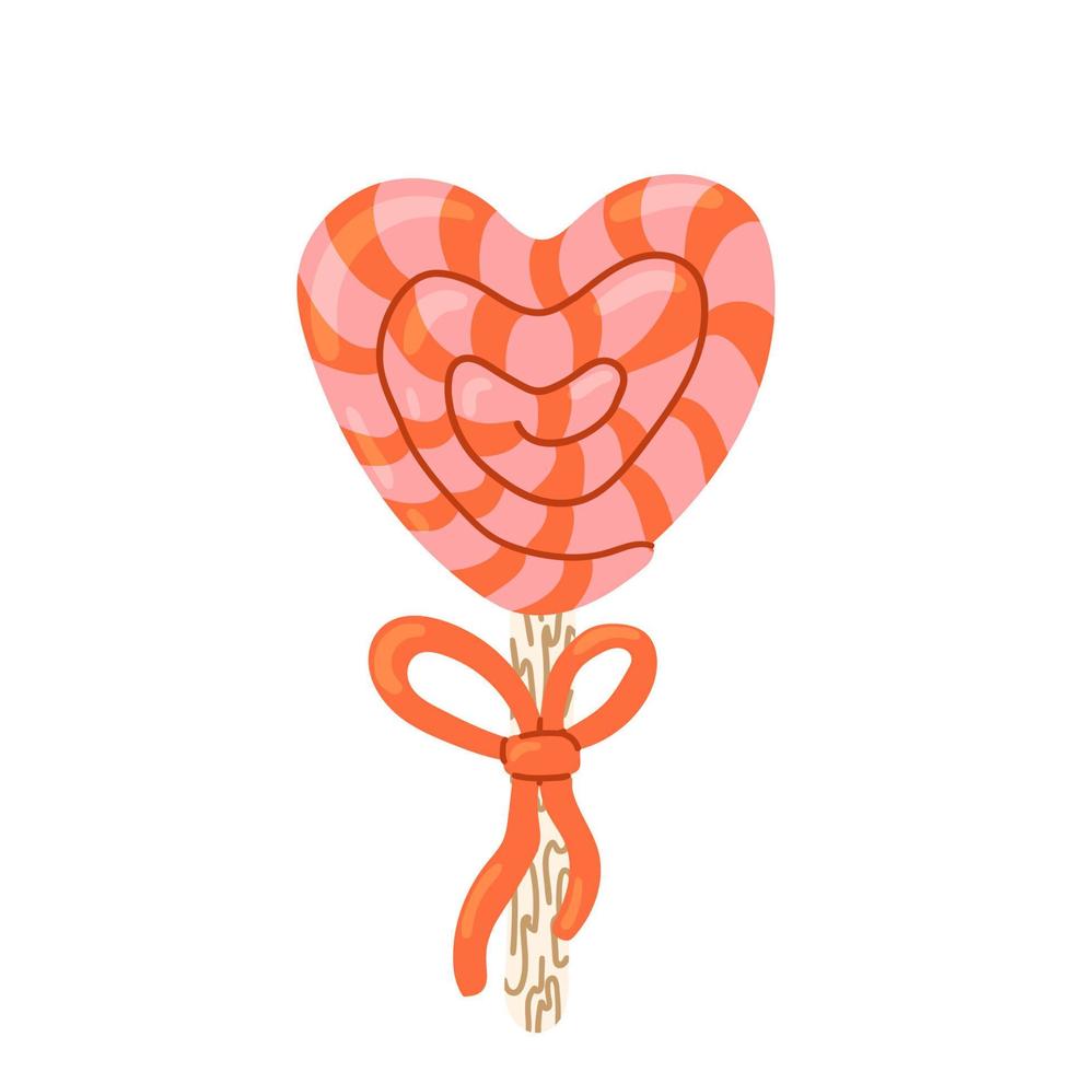 Sweet spiral Heart Shaped Lollipop Candy. Cartoon Valentines day isolated Vector Illustration