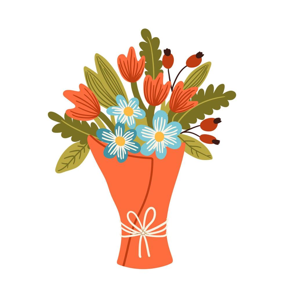 ramo de flores frescas de primavera envuelto en papel de regalo. hermosas flores exuberantes para el día de la madre, día de san valentín. decoración floral de vacaciones. conjunto de vectores dibujados a mano ilustración aislada