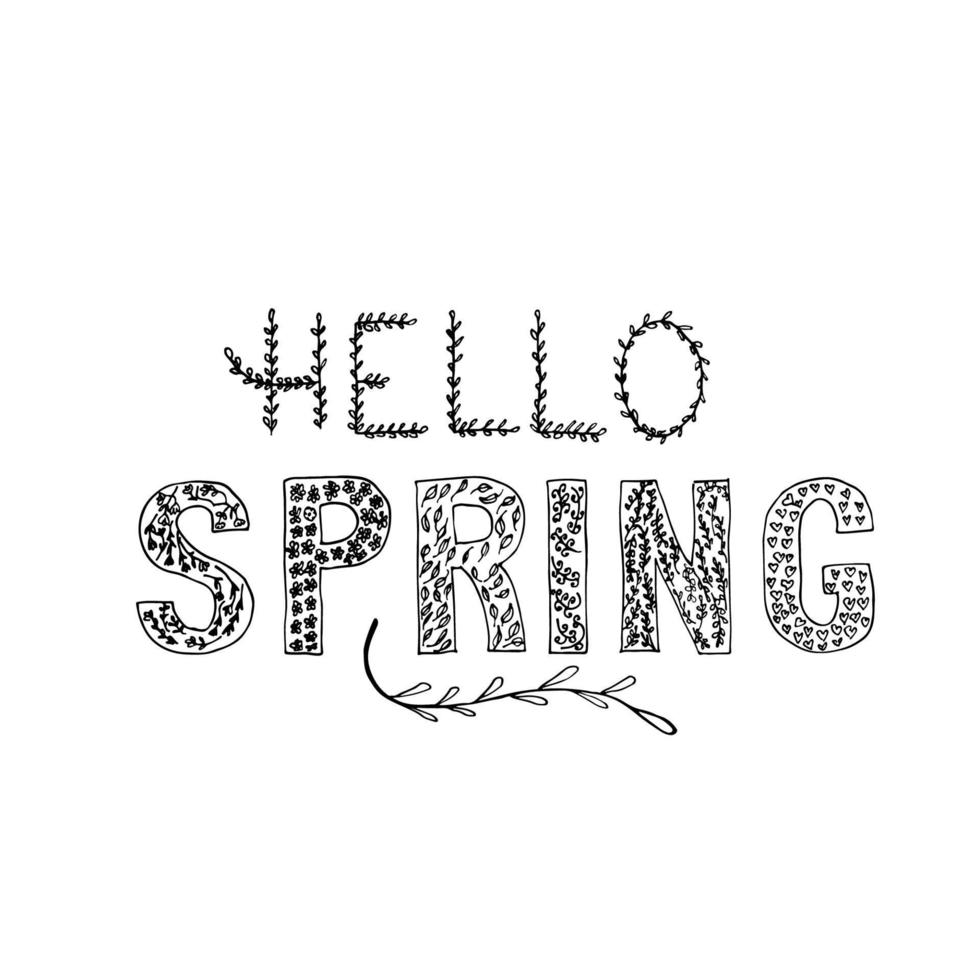 Hello spring hand drawn lettering with floral doodle elements isolated on white. Inspirational seasonal quote typography poster. Vector illustration. Easy to edit template for banner, flyer, badge.