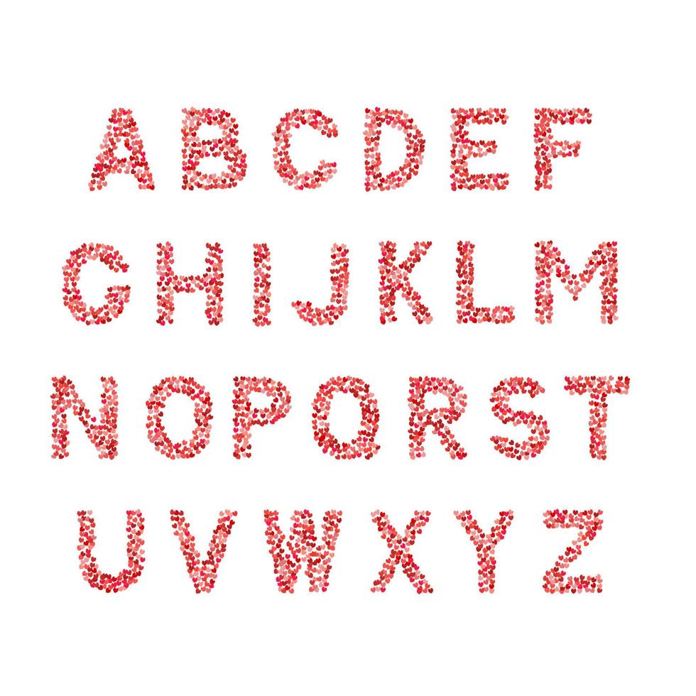 Vector alphabet. Letters A-Z made of hearts shades of red and pink isolated on white. Romantic sans serif font for Valentines day. Latin uppercase symbols. Easy to edit design template.