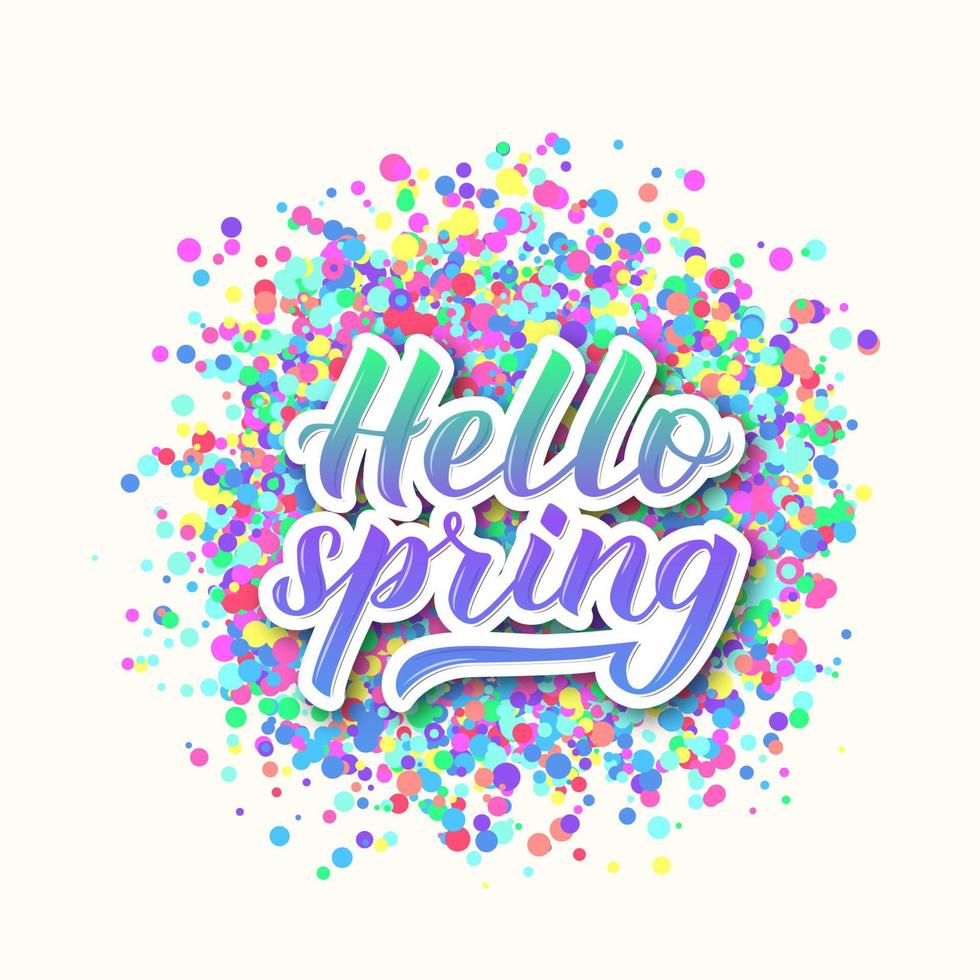 hola caligrafía de primavera letras 3d sobre fondo de confeti de puntos coloridos. cartel de tipografía de cita de temporada inspiradora. plantilla vectorial fácil de editar para pancarta, volante, insignia, pegatina, etc. vector