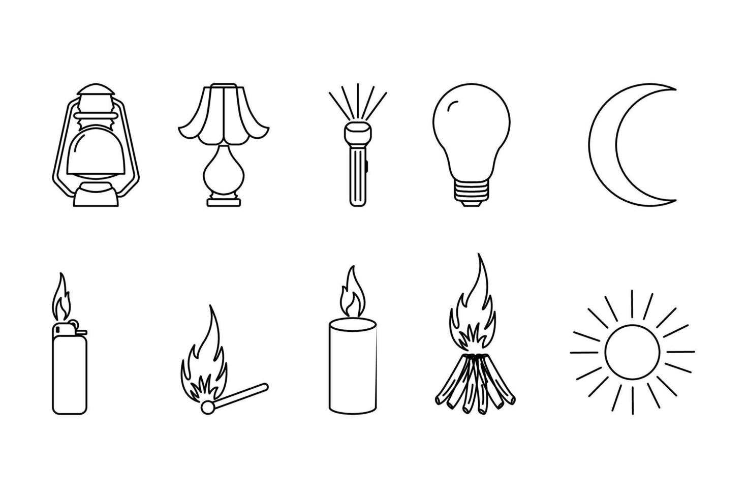 collection of Light source line icons, various light source line icons, candle icon, match, lantern, lamp, moon, sun, fire, light source flat icon, light source abstract line icon, vector illustration