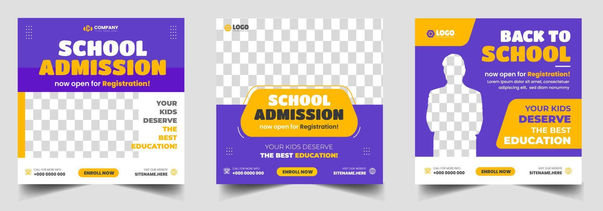School admission social media post banner design. back to school social media post banner design set. Back to school admission promotion banner. school admission template for social media ad. vector