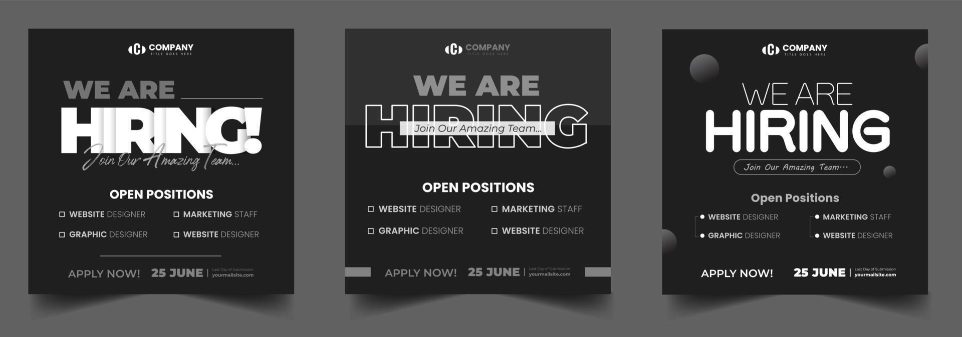 We are hiring job vacancy social media post banner design template with black and dark color. black, dark and white we are hiring banner.  We are hiring job vacancy square web banner design. vector