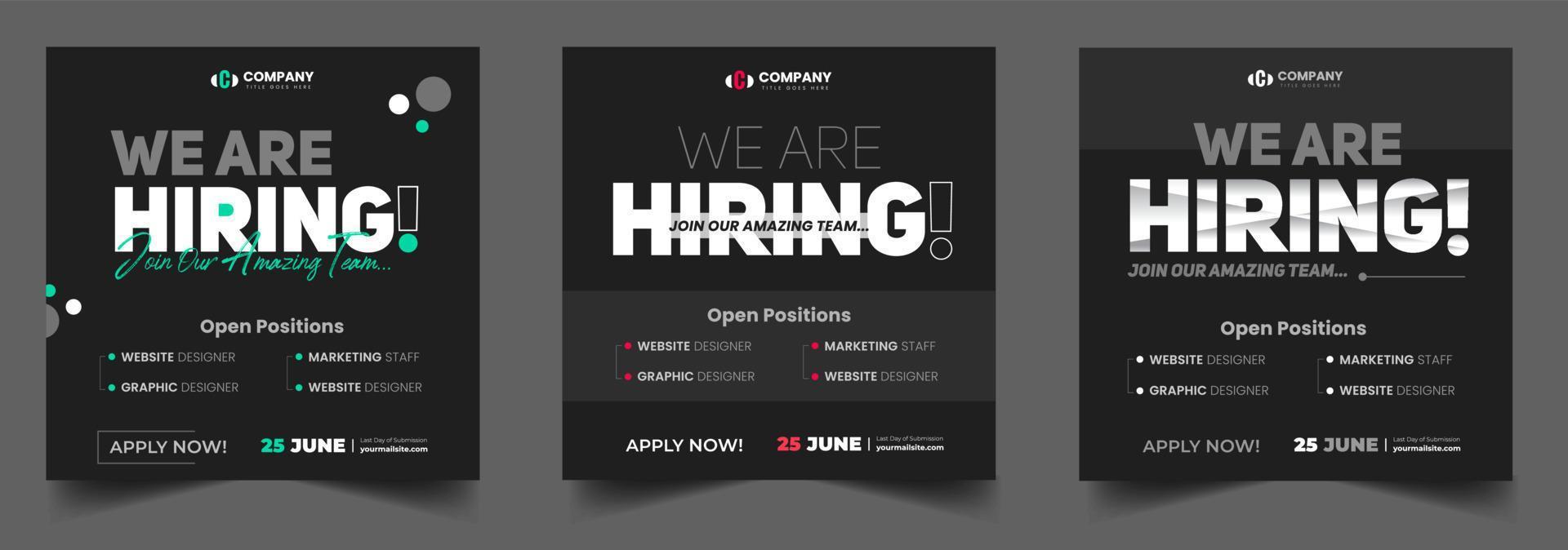 We are hiring job vacancy social media post banner design template with black and dark color. black, dark and white we are hiring banner.  We are hiring job vacancy square web banner design. vector