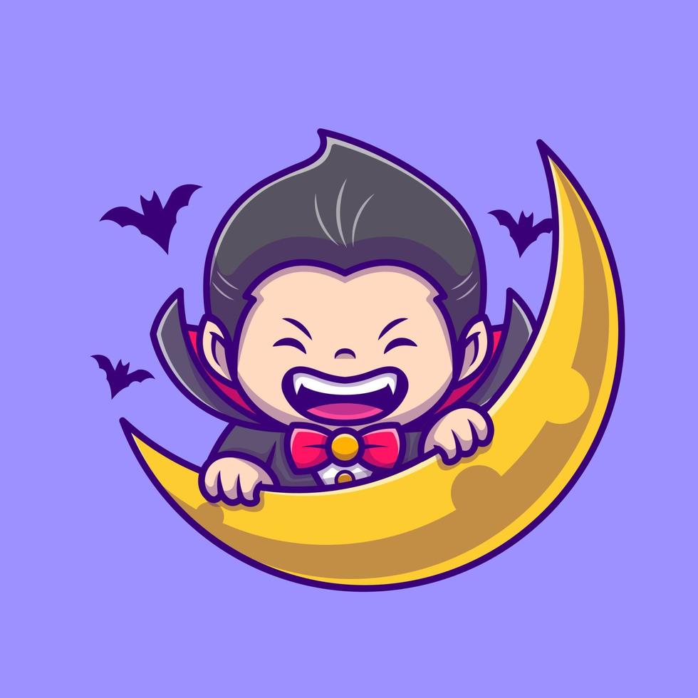 Cute Dracula With Moon And Bat Cartoon Vector Icon Illustration. People Holiday Icon Concept Isolated Premium Vector. Flat Cartoon Style
