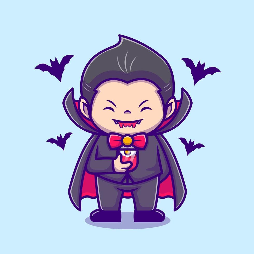 Cute Dracula Drink Blood Juice With Bat Cartoon Vector Icon Illustration. People Holiday Icon Concept Isolated Premium Vector. Flat Cartoon Style