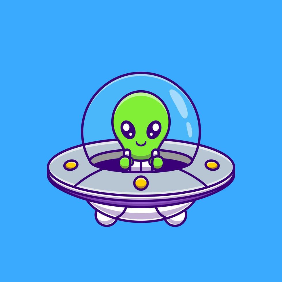 Cute Alien Flying With Spaceship Ufo Cartoon Vector Icon Illustration. Science Technology Icon Concept Isolated Premium Vector. Flat Cartoon Style