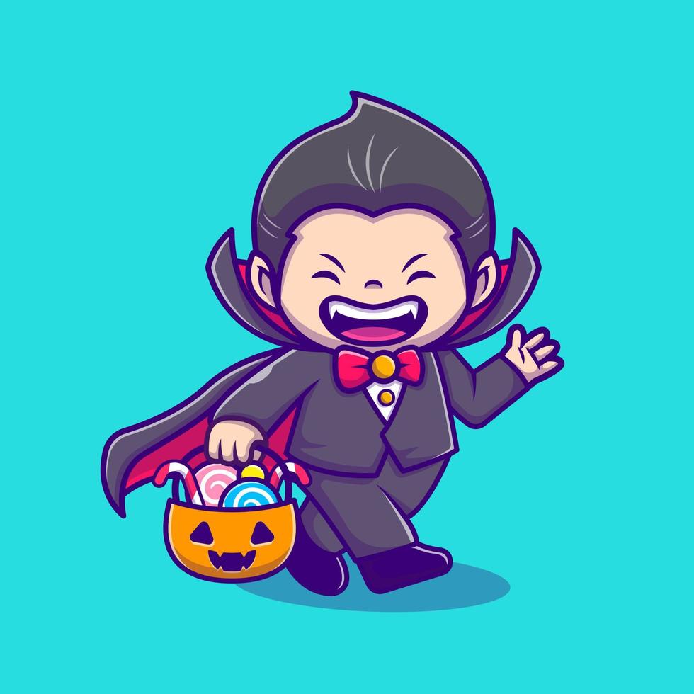 Cute Dracula Holding Pumpkin Basket With Candy And Bat Cartoon Vector Icon Illustration. People Holiday Icon Concept Isolated Premium Vector. Flat Cartoon Style