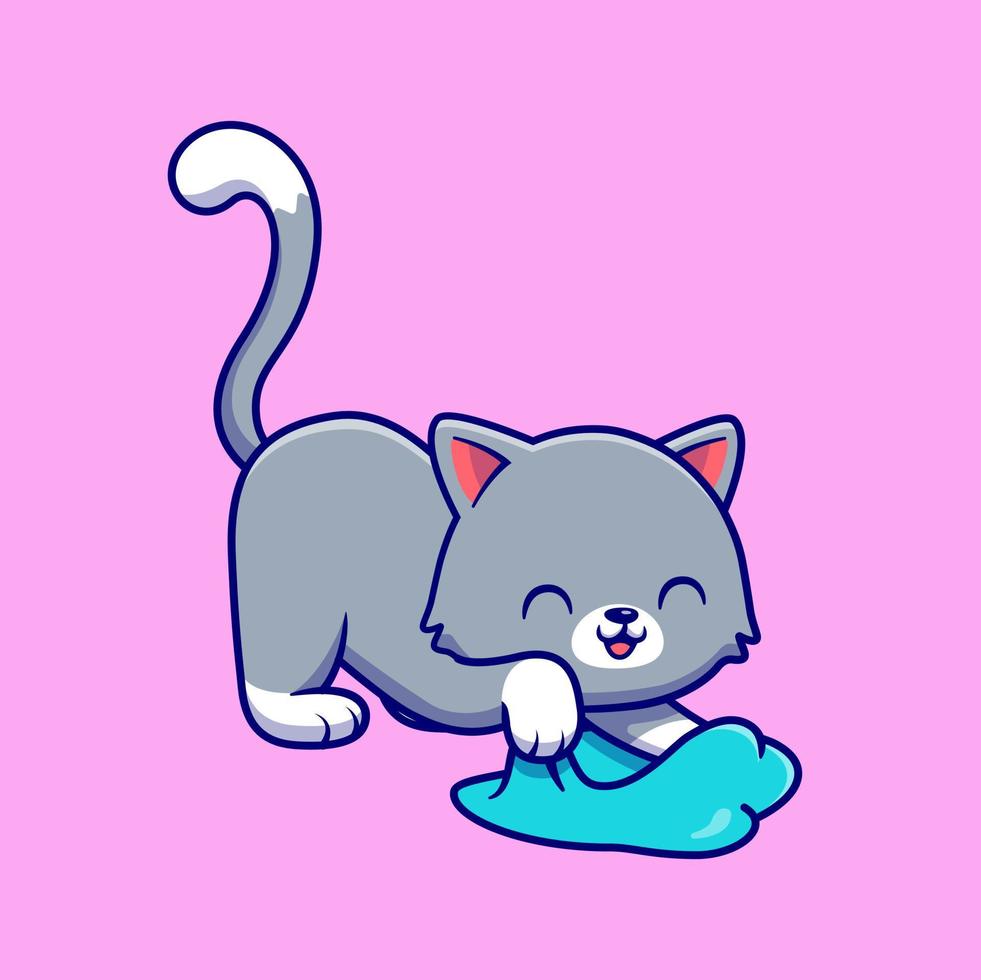 Happy Cat Playing Slime Cartoon Vector Icon Illustration. Animal Love Icon Concept Isolated Premium Vector. Flat Cartoon Style
