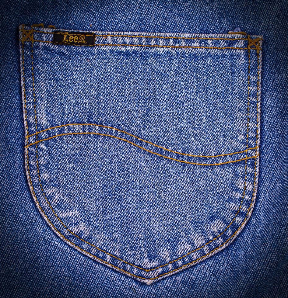 KAMCHATKA, RUSSIA - July 16, 2023-  Closeup of leather label of Lee brand denim jeans photo