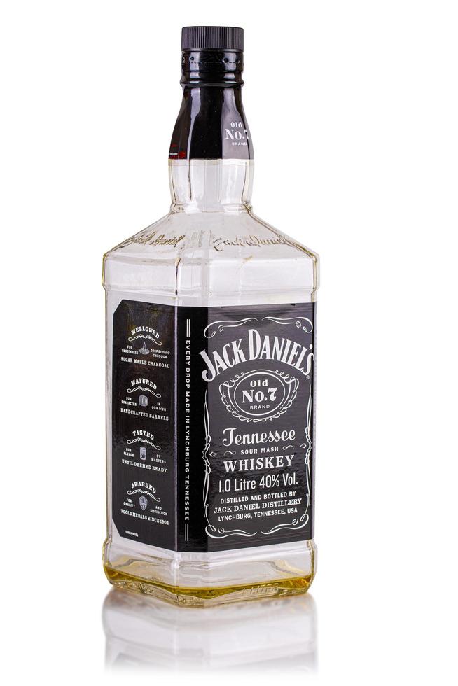 KAMCHATKA, RUSSIA - JANUARY 16, 2023-  Empty bottle of Jack Daniel isolated on white background photo