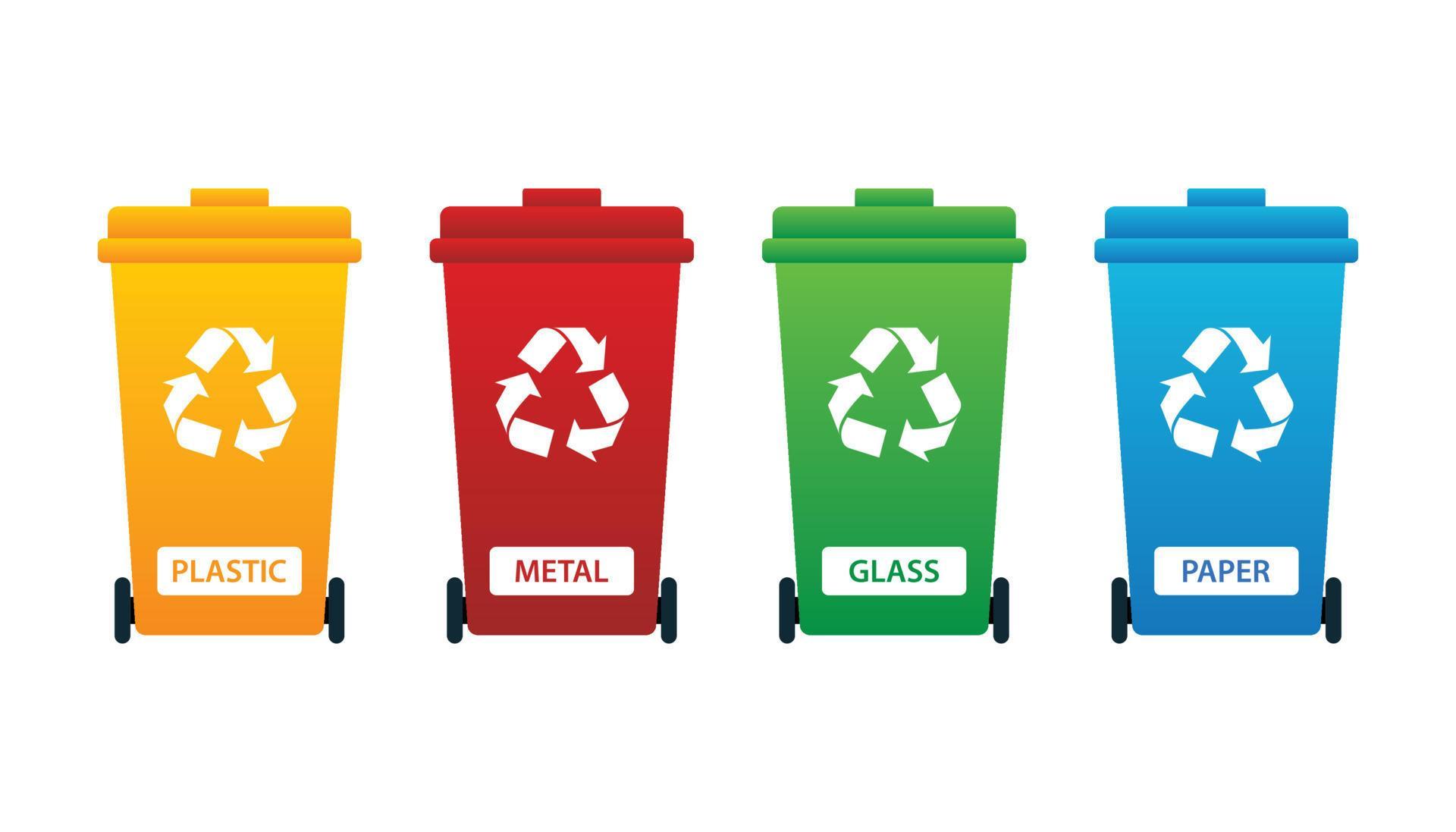 Recycling bins. Yellow, red, green, and blue recycling bins. Plastic