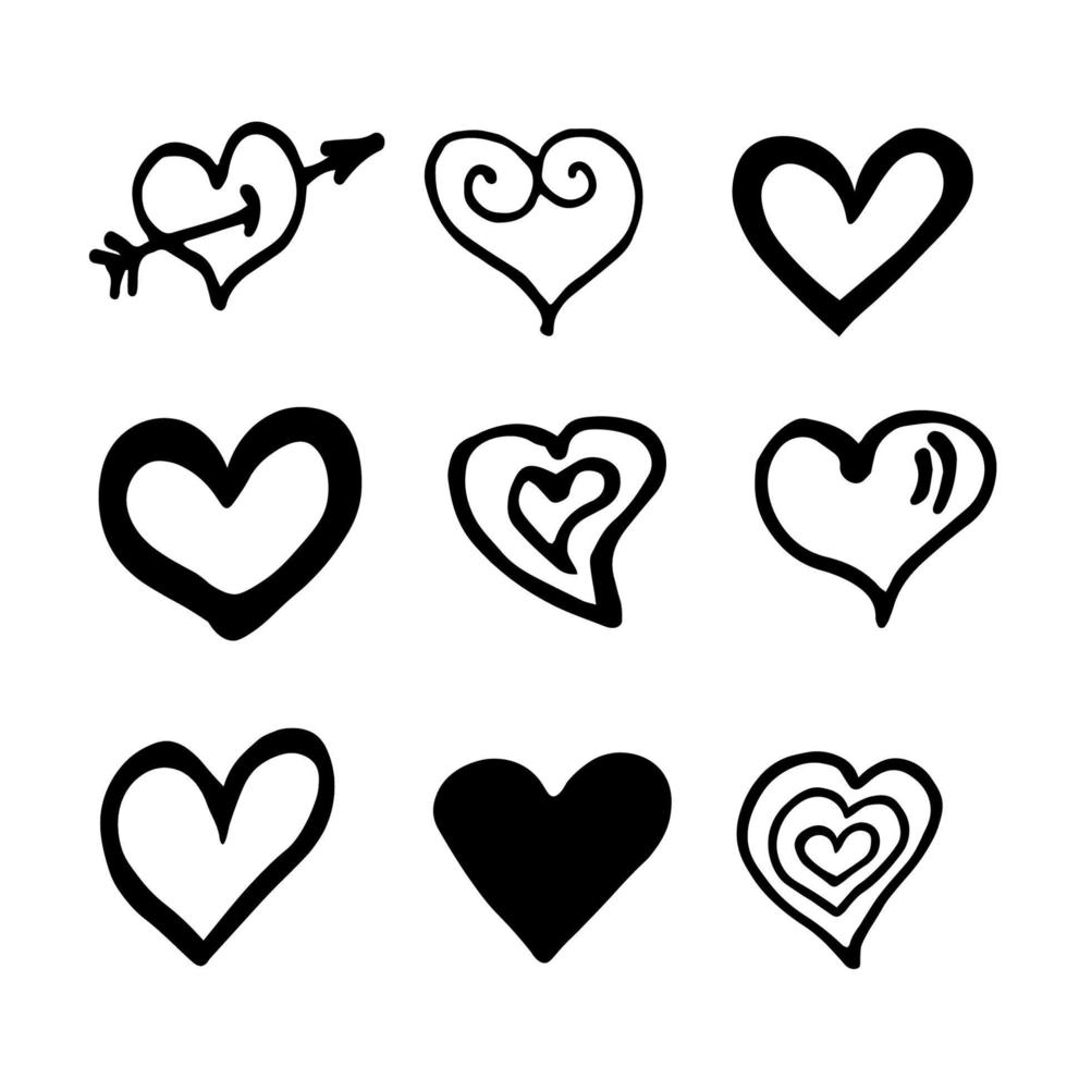conjunto de vectores de corazones dibujados a mano de fideos sobre fondo blanco. elementos de diseño