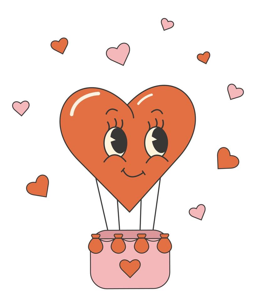 pegatina del día de san valentín groovy cómico de moda. lindo personaje de corazón. día de san valentín retro. Estética de los 70s 60s. vector