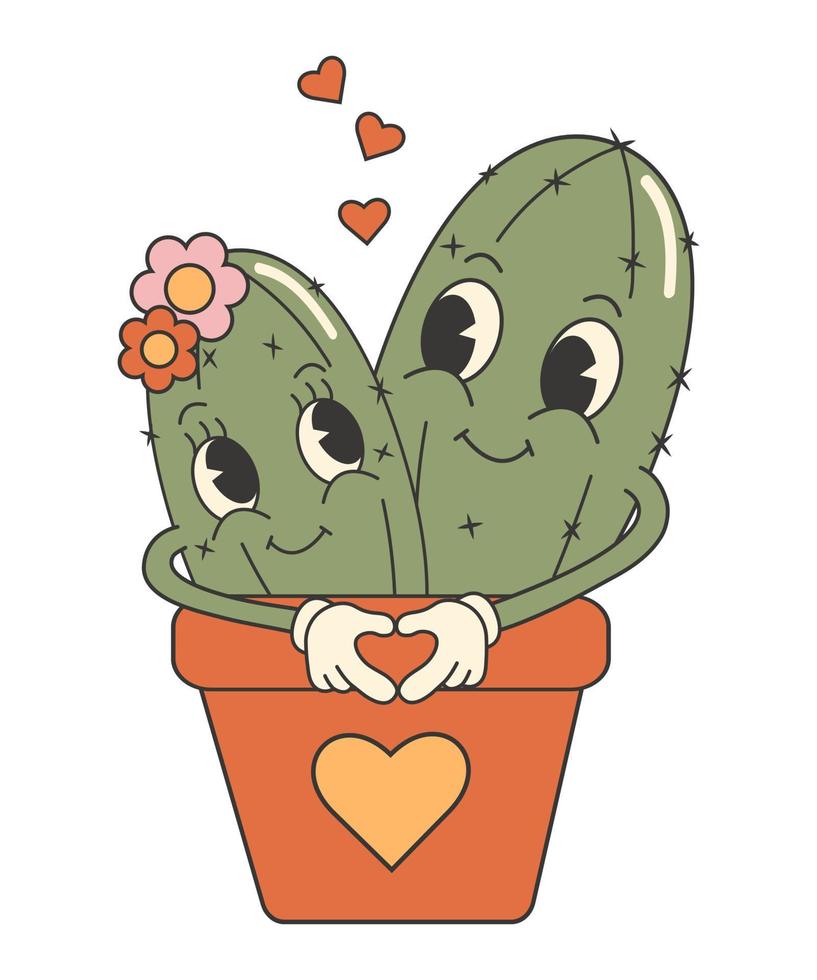 Retro groovy valentines day sticker. Cute cactus couple. 70s 60s cartoon aesthetics vector