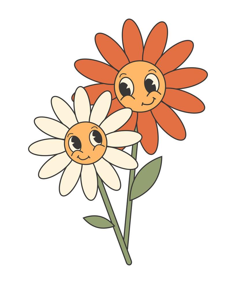 pegatina retro del día de san valentín. personajes de flores lindos y divertidos. estética de dibujos animados de los años 70 y 60 vector