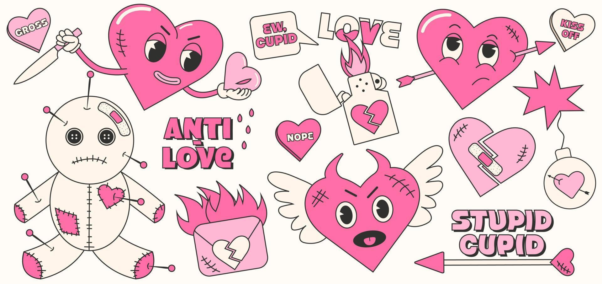 Trendy y2k anti valentines day stickers set. 2000s anti love conception. Cartoon characters. Trendy neon pink vector