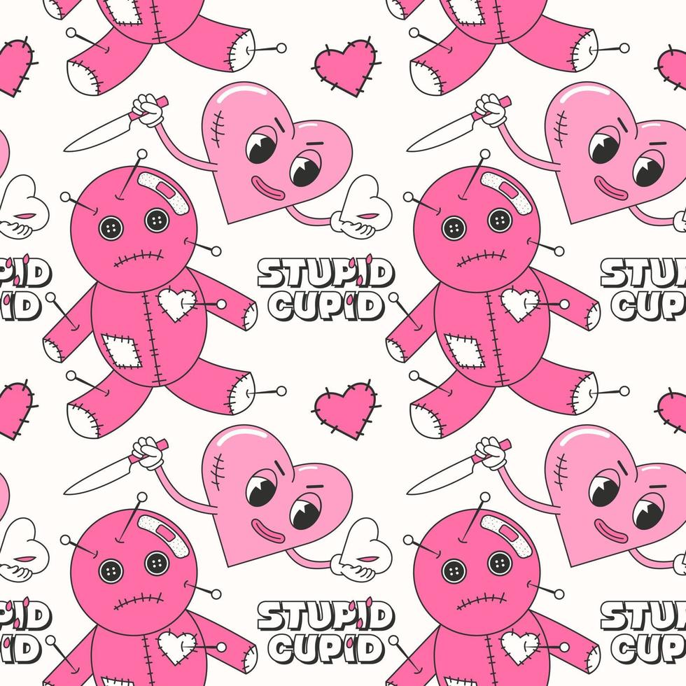 Trendy y2k anti valentines day seamless pattern. 2000s anti love conception. Vodoo doll and heart. Cartoon characters. vector