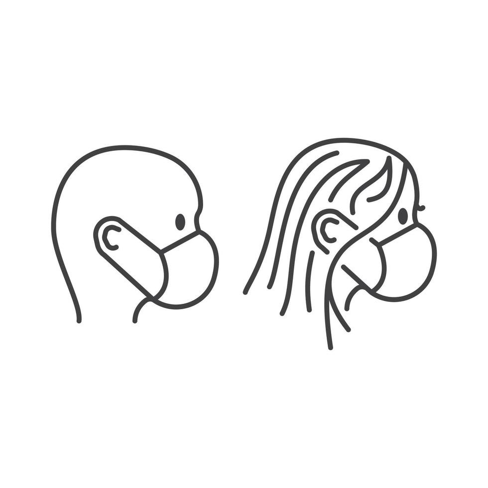 Man and Woman in medical face protection mask. Vector outline icon illustration